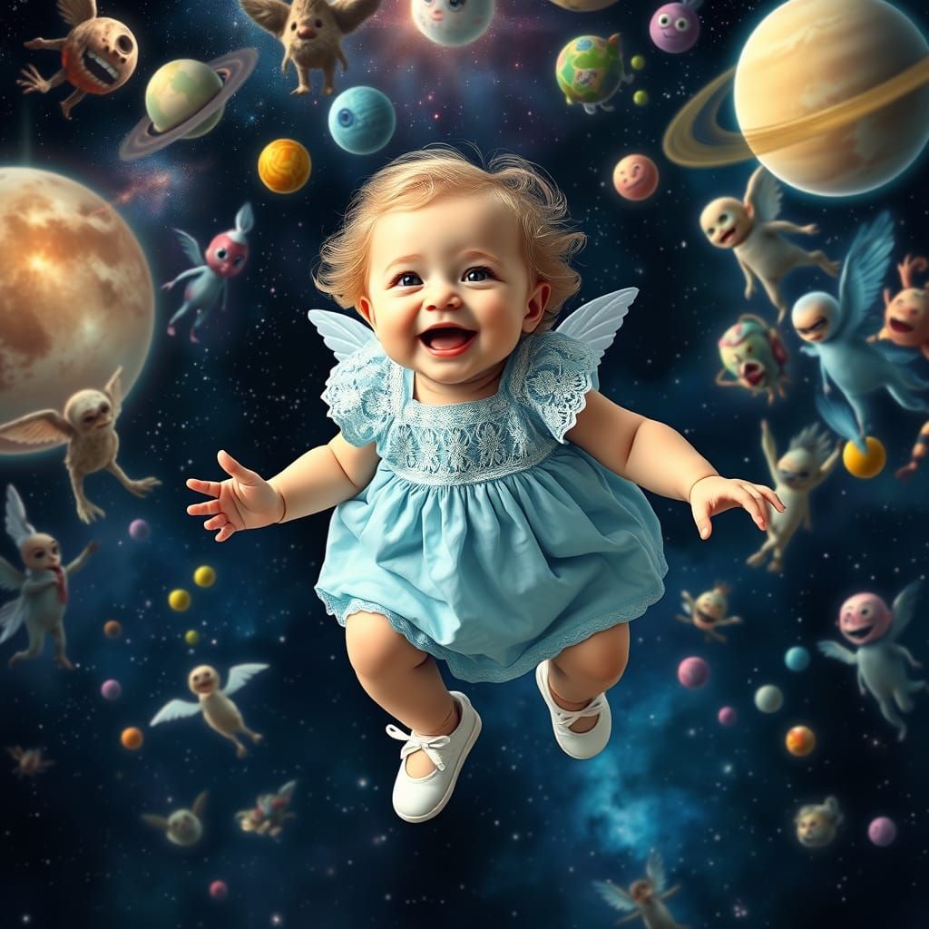 Celestial Baby Girl Blows Kisses to the Universe in Vibrant ...