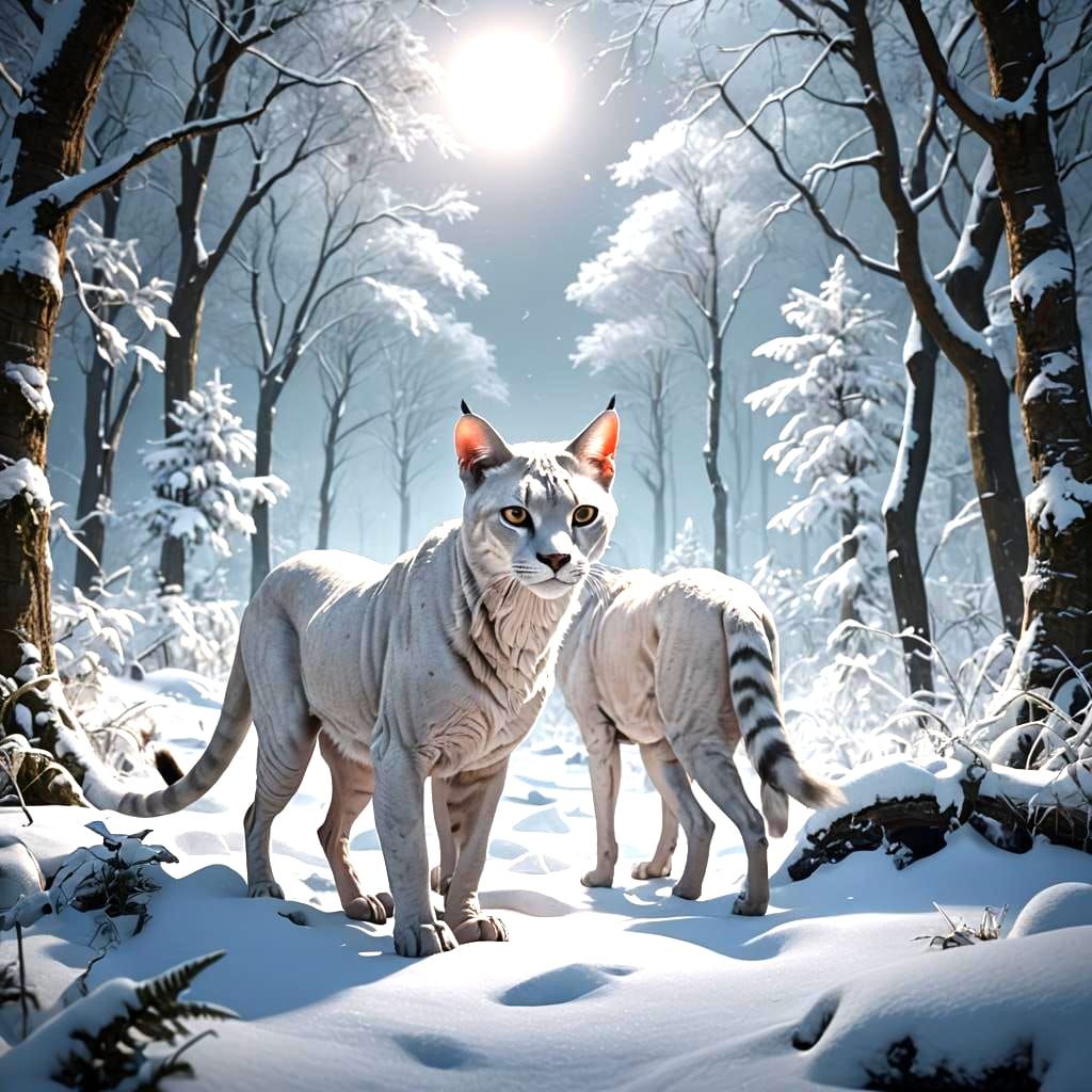 White Cheetah Stalks Wolf in Snowy Forest