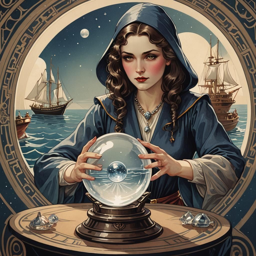Female Wizard and Ship in Art Deco Crystal Ball