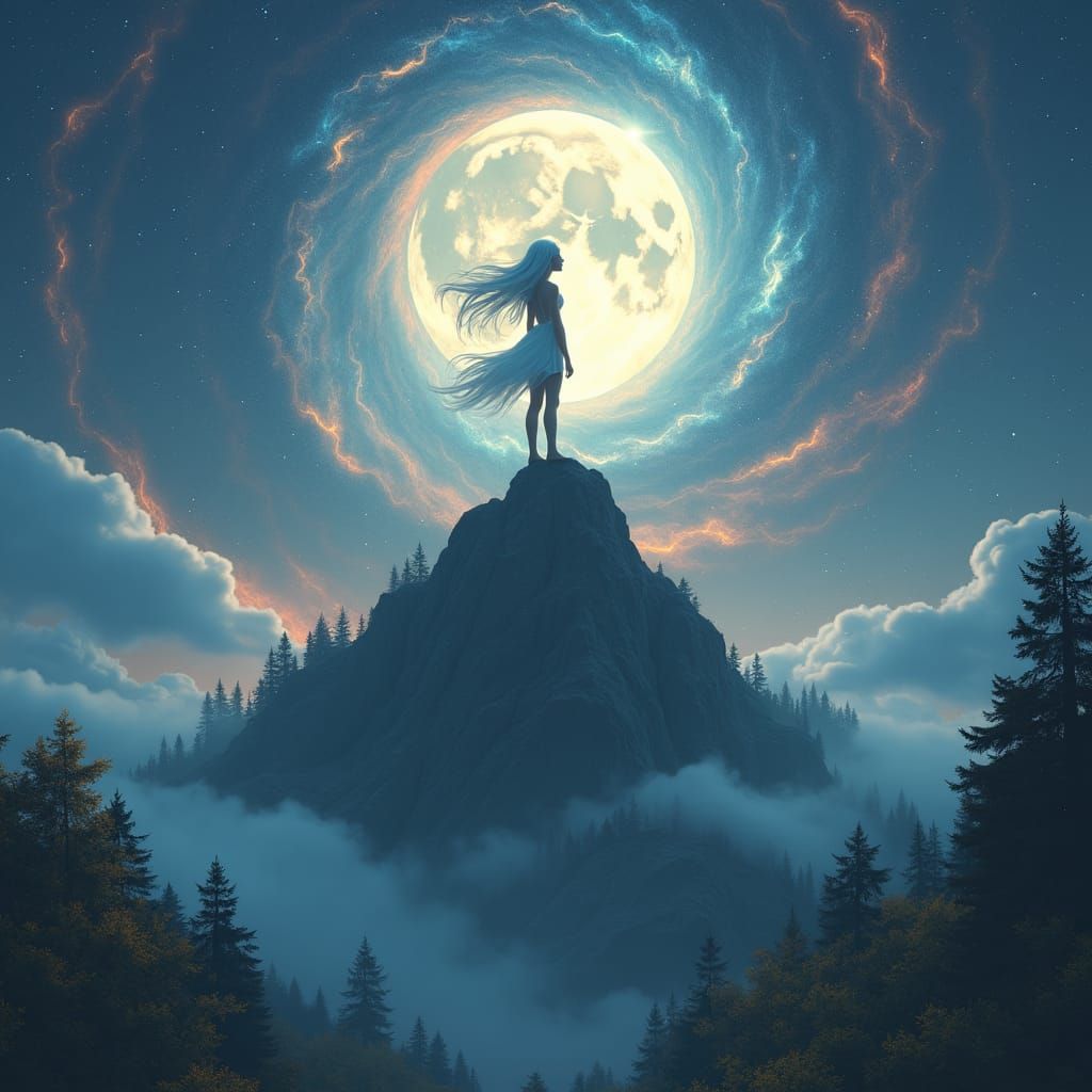 Ethereal Girl on Mountain Peak in Matte Painting Style