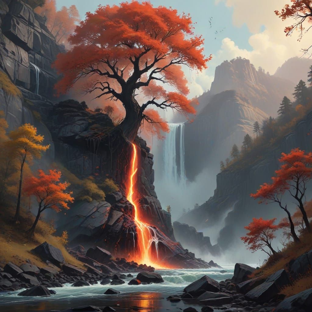Majestic Tree Amidst Crimson Waterfall in Dramatic, Oil-Insp...