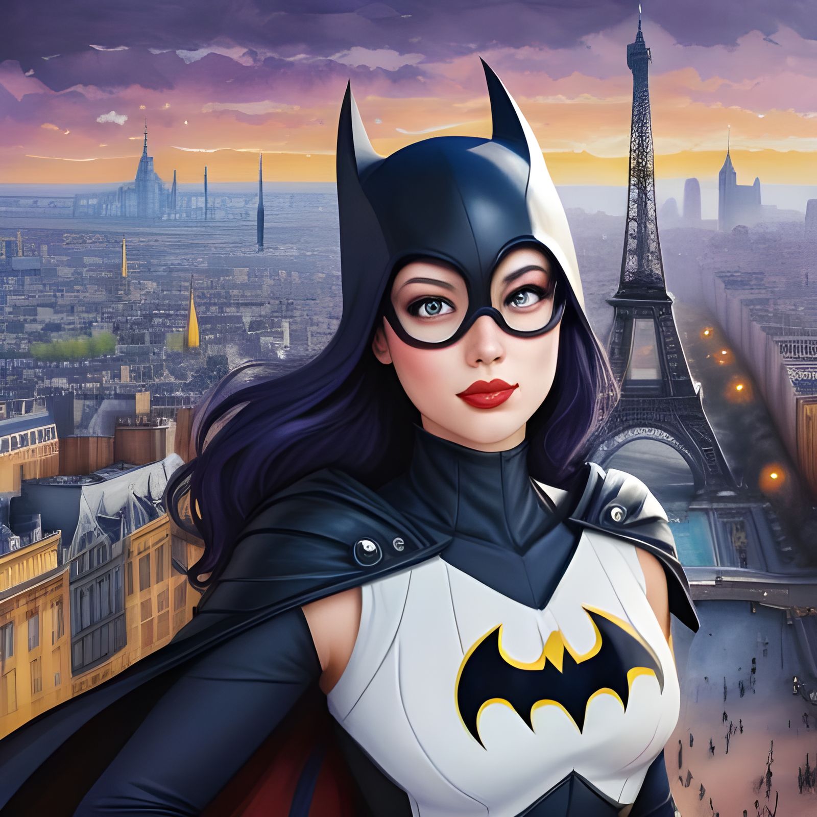 what do you think?  not bad for free DreamShaper v8? 🦇👧🏻🇫🇷🥖  Batgirl having fun Eiffel Tower prompt