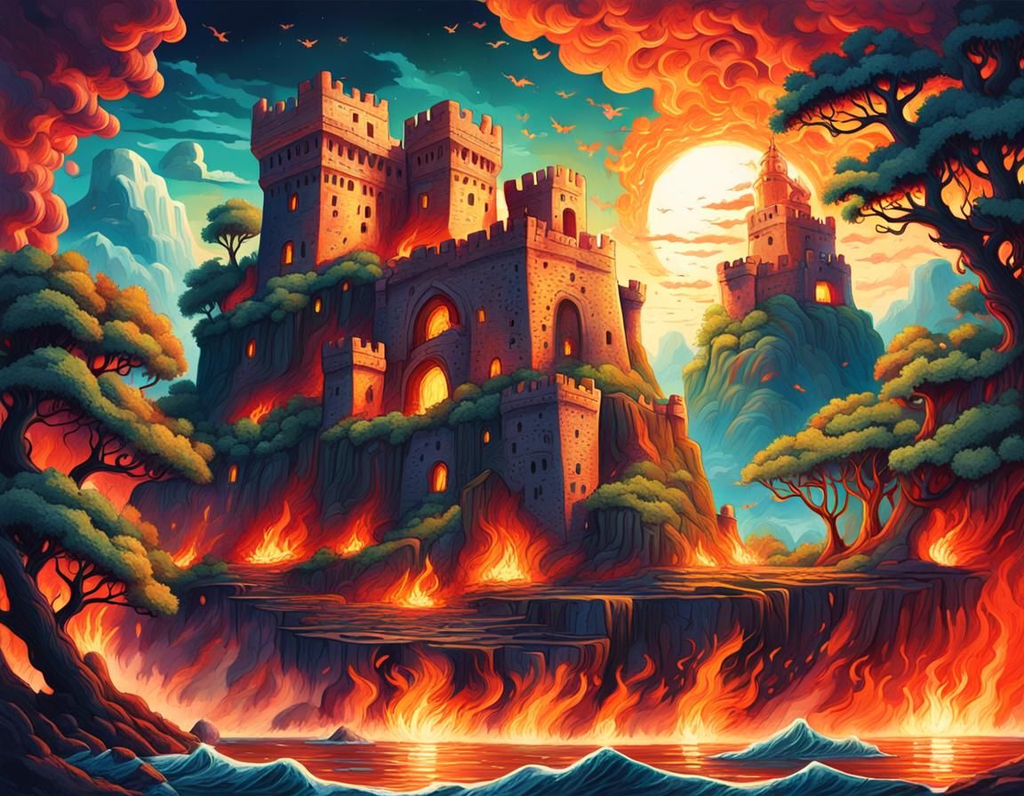 Island Fortress with Giant Hands in Mixed Media Style