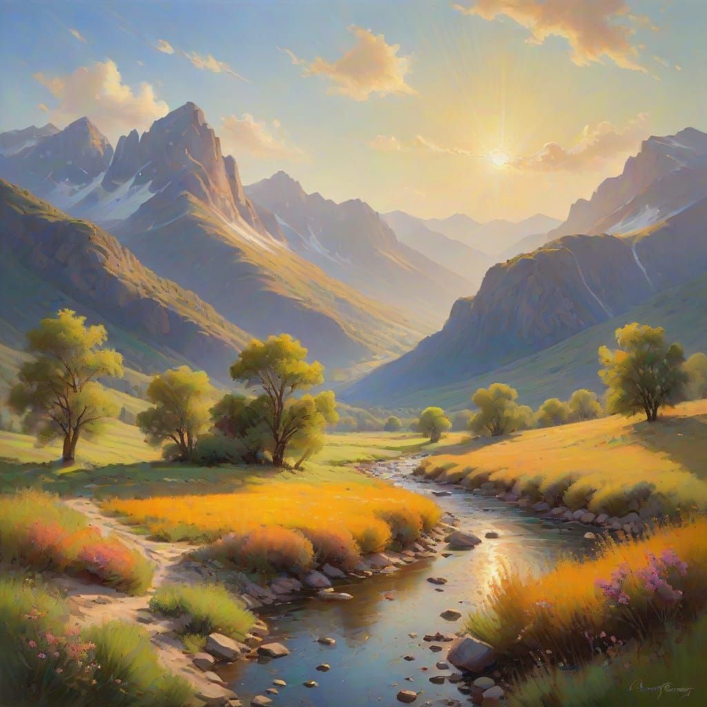 Warm Valley Landscape in Golden Hour