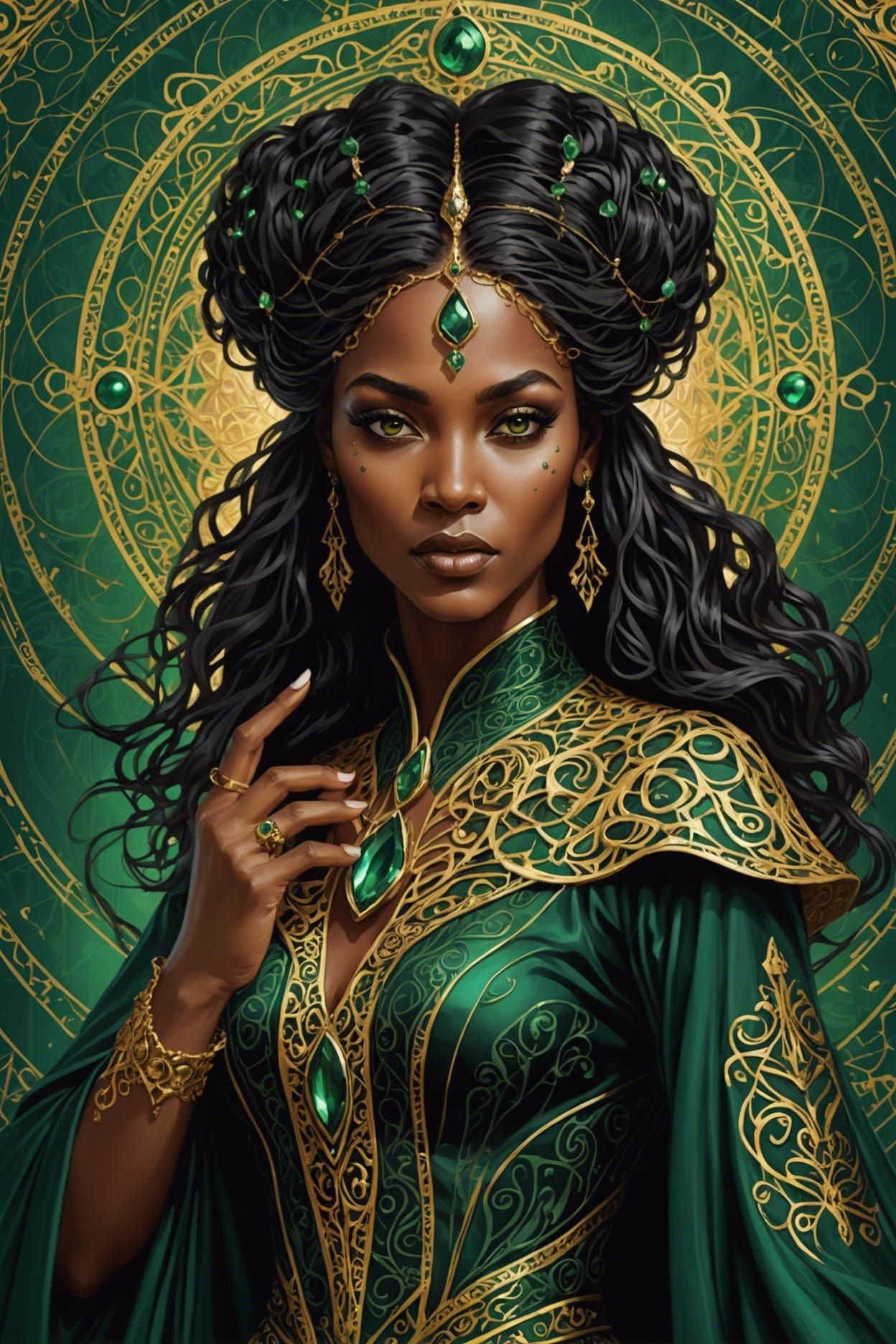 Emerald Sorceress Portrait with Flowing Silk