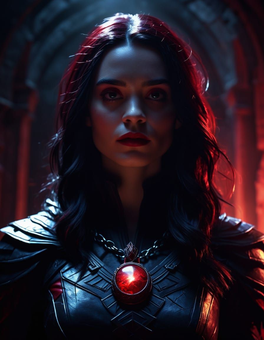 Mystical Superheroine with Red Amulet in Comic Art