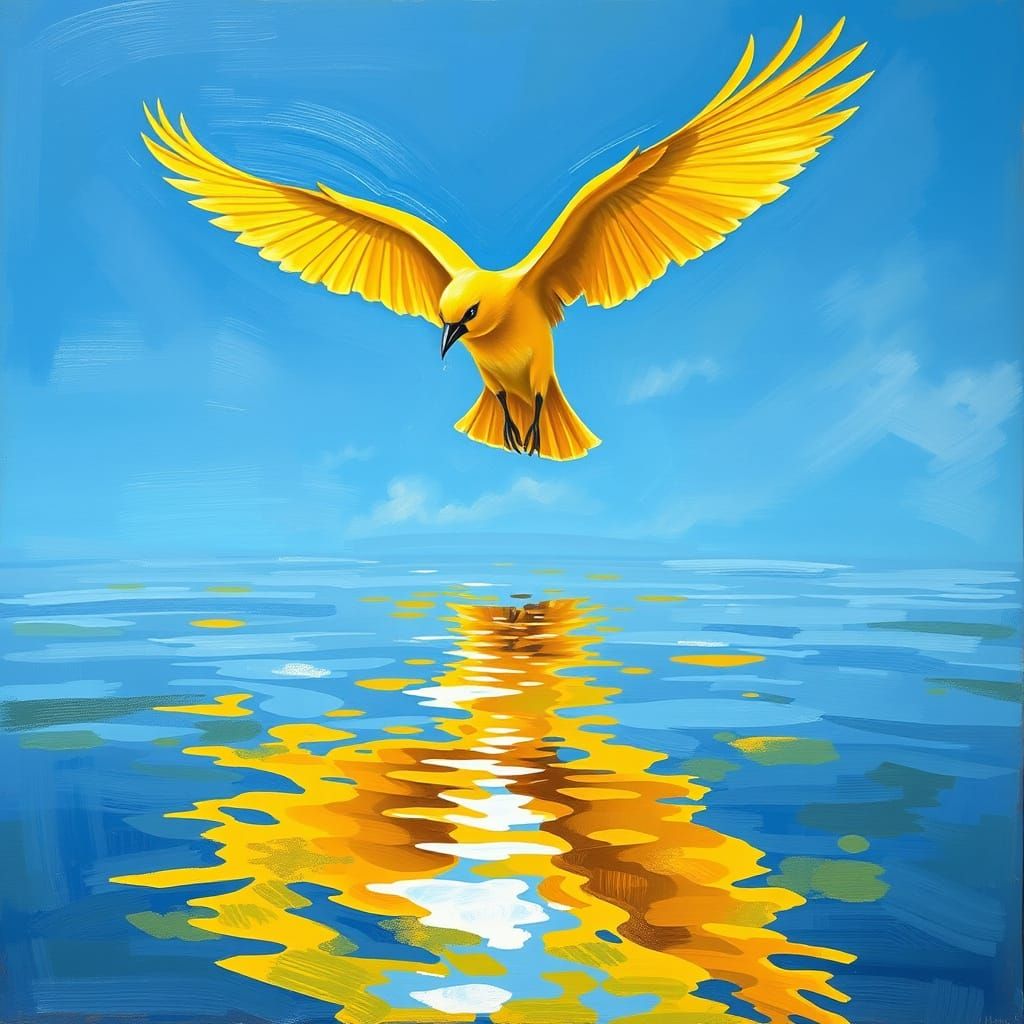 Sunny Yellow Bird in Flight, Impressionist Style