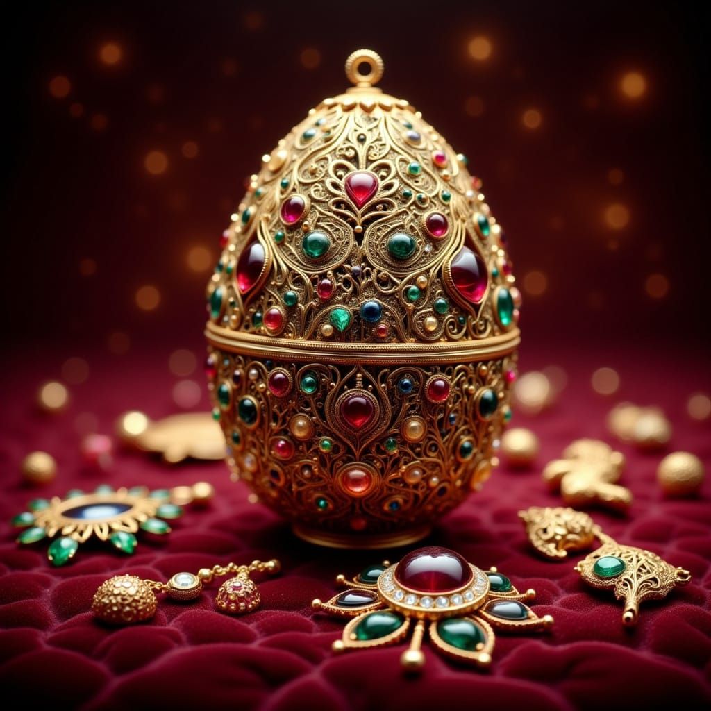 **"Prunkvolles Fabergé-Ei, kunstvoll verziert, umgeben von glitzernden Juwelen auf rotem Samt gebettet"**