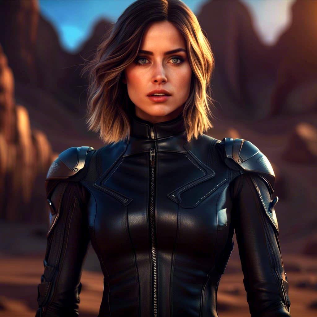 Woman in Biker Suit in Desert Sunset, Digital Art