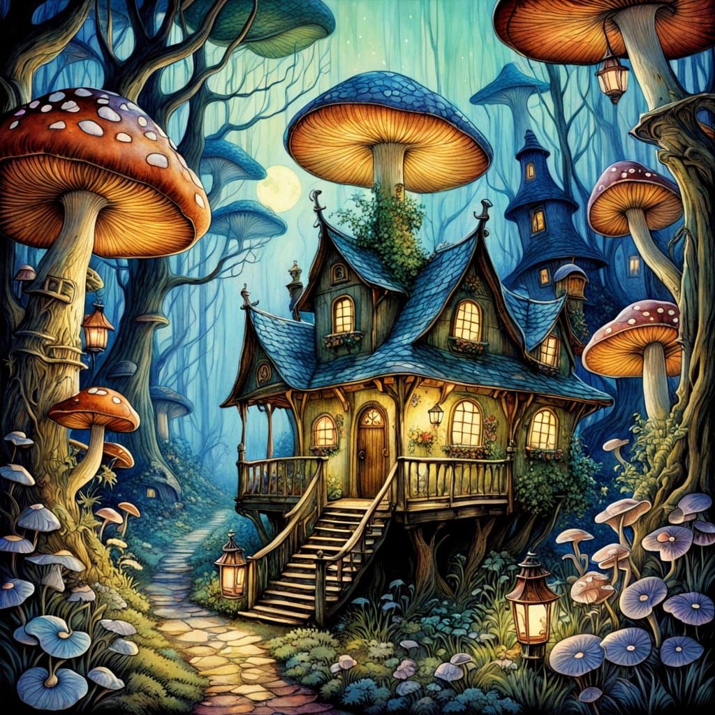 Enchanted Forest Village with Bioluminescent Mushrooms