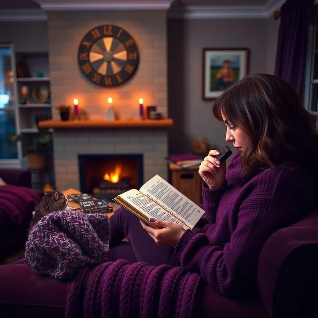 Peaceful Living Room with Fireplace and Reading Woman