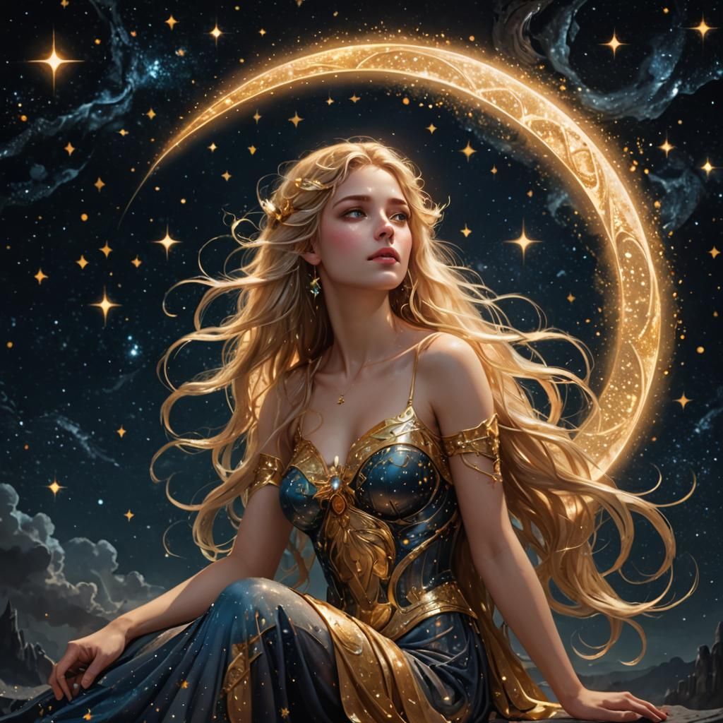 Golden-Haired Goddess in Crescent Moon Fantasy Art