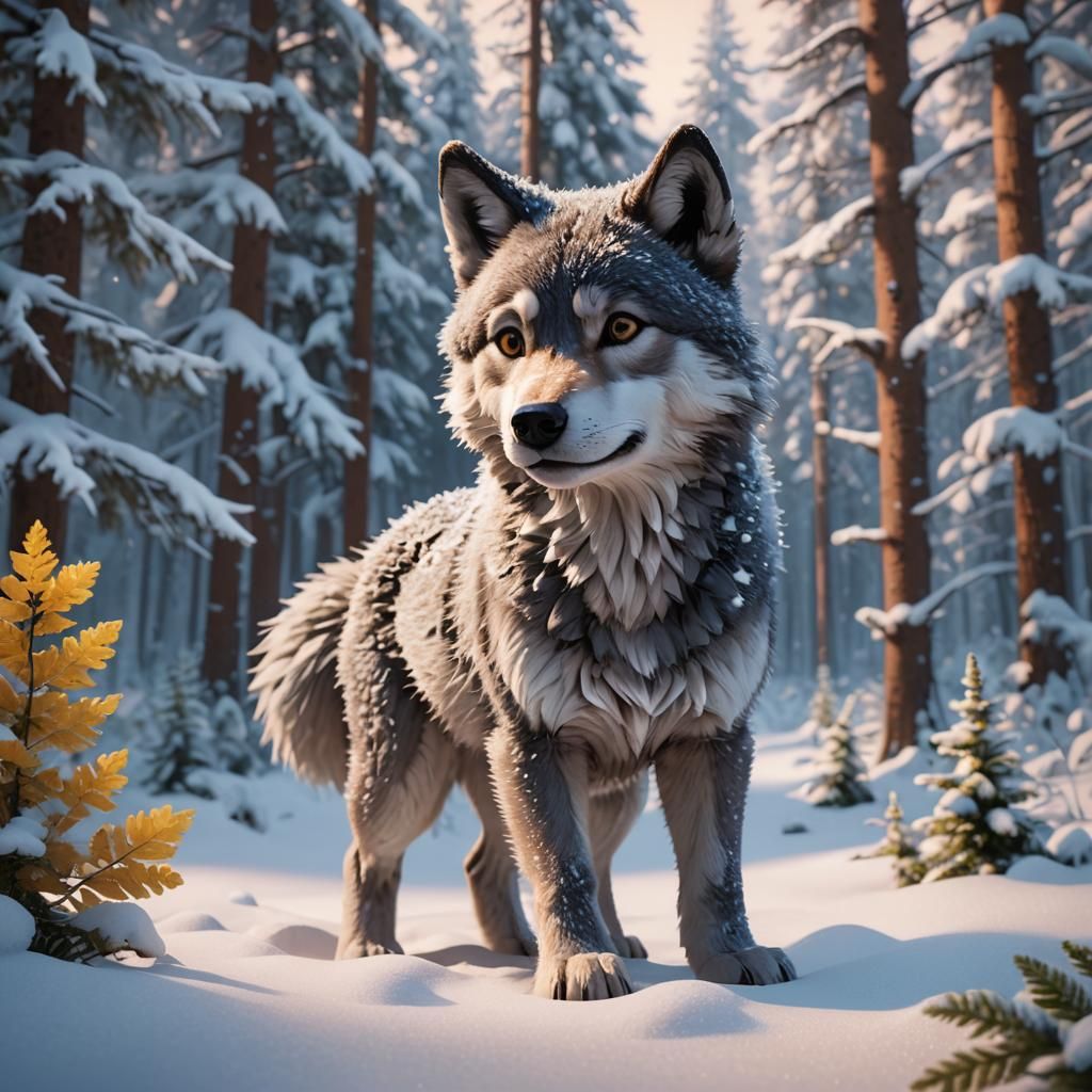 Baby Wolf in Snowy Forest as 3D Digital Art
