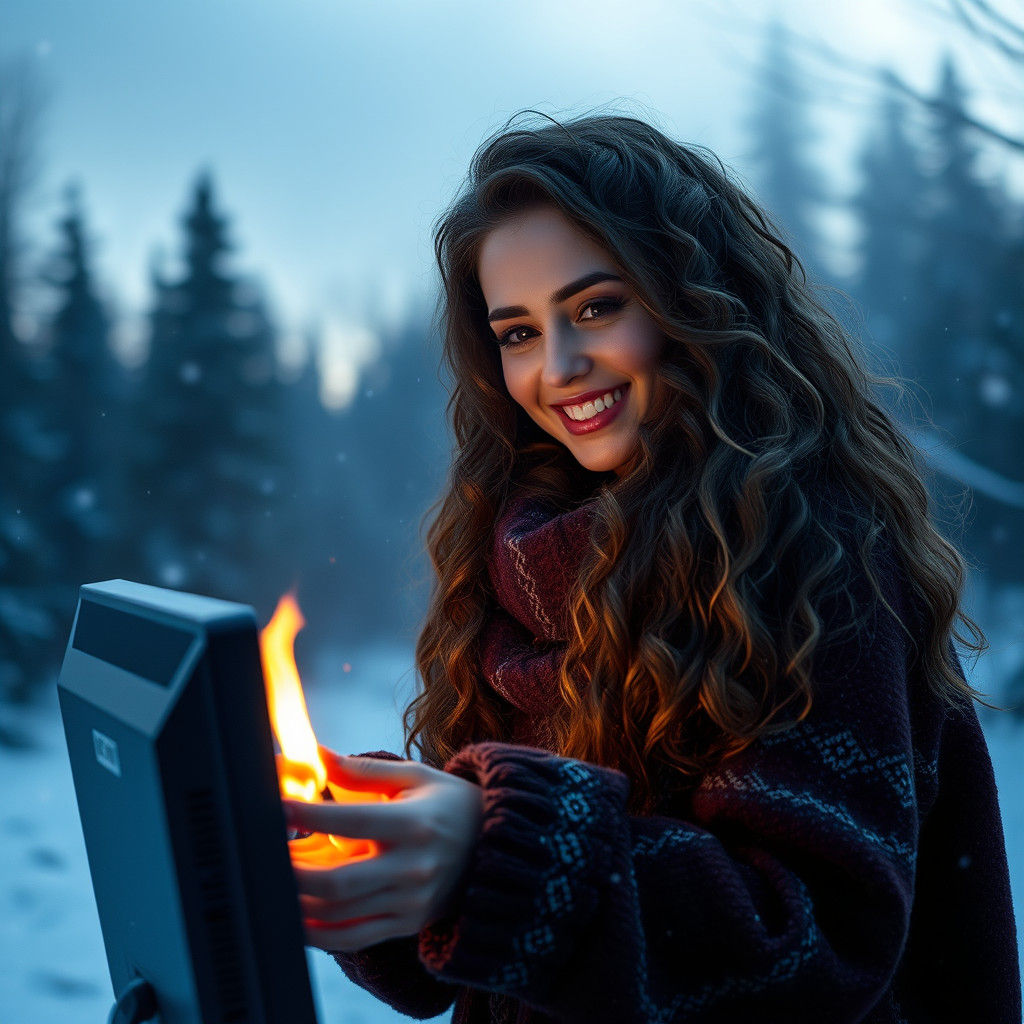 Beautiful Woman Warms Herself by Burning Computer
