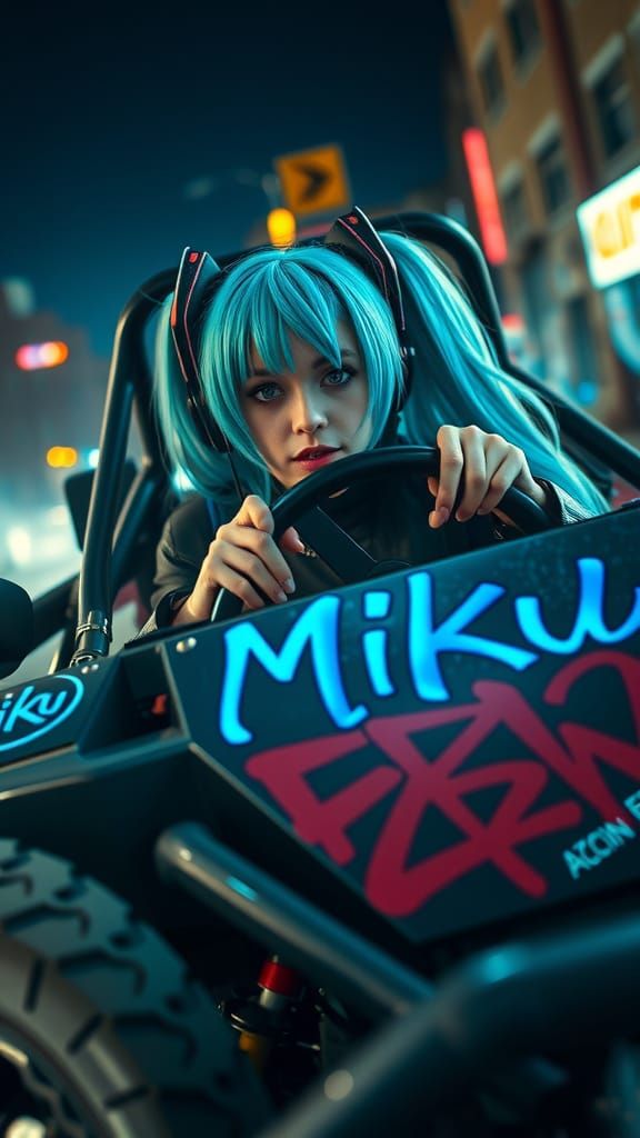 Cyberpunk Miku Speeds Through Dystopian City