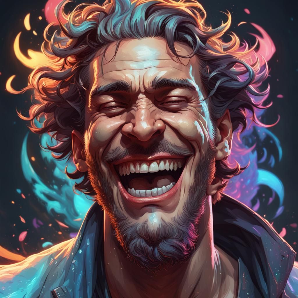 Chaotic Portrait of Laughing Man, Hyperdetailed Art