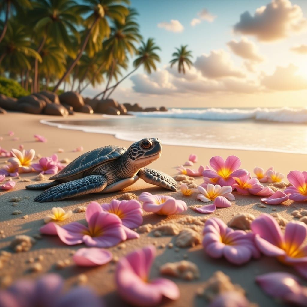 Baby Sea Turtle on Tropical Beach at Sunset