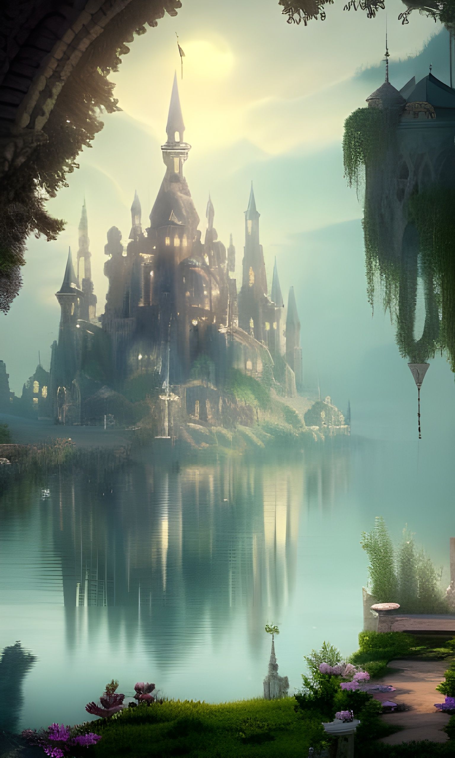 Whimsical Castle on Lake in Watercolor Style