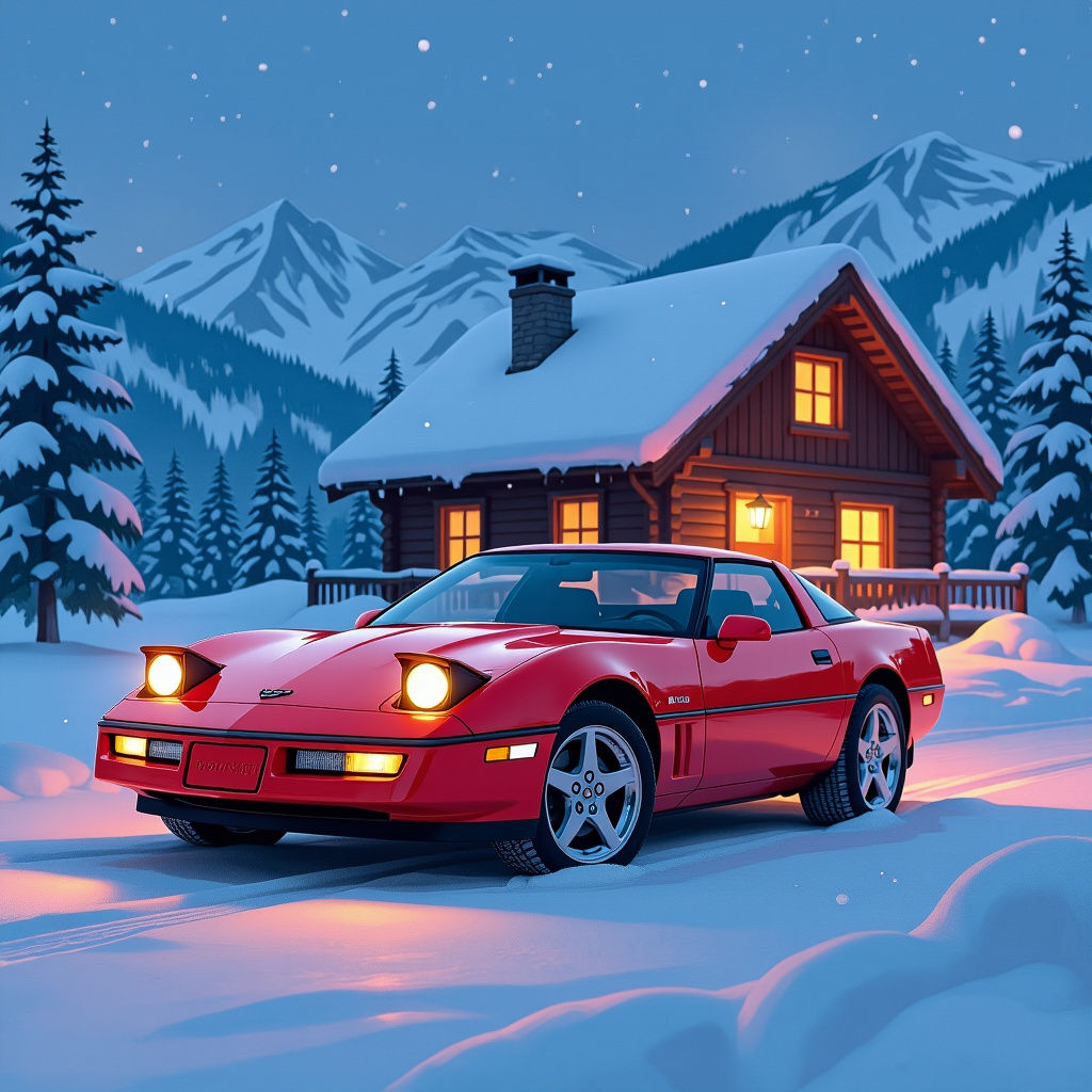 Red Corvette at Cozy Cabin, Manga Style