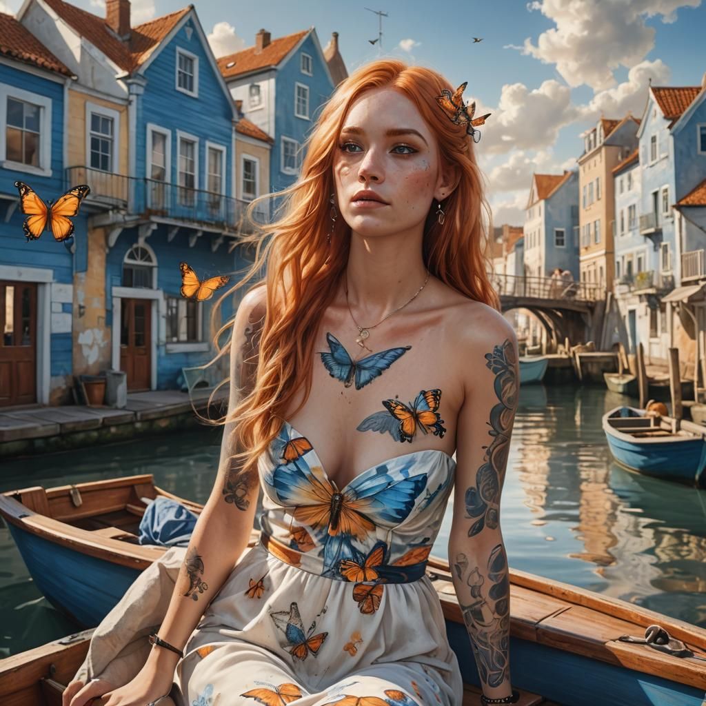 Woman with Butterfly Tattoos in Hyperrealistic Style