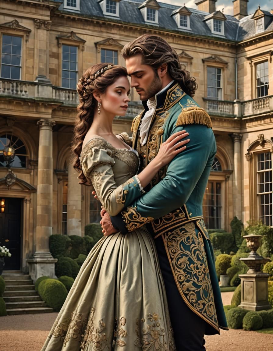 Romantic Embrace Before Stately Home: Historical Novel Cover