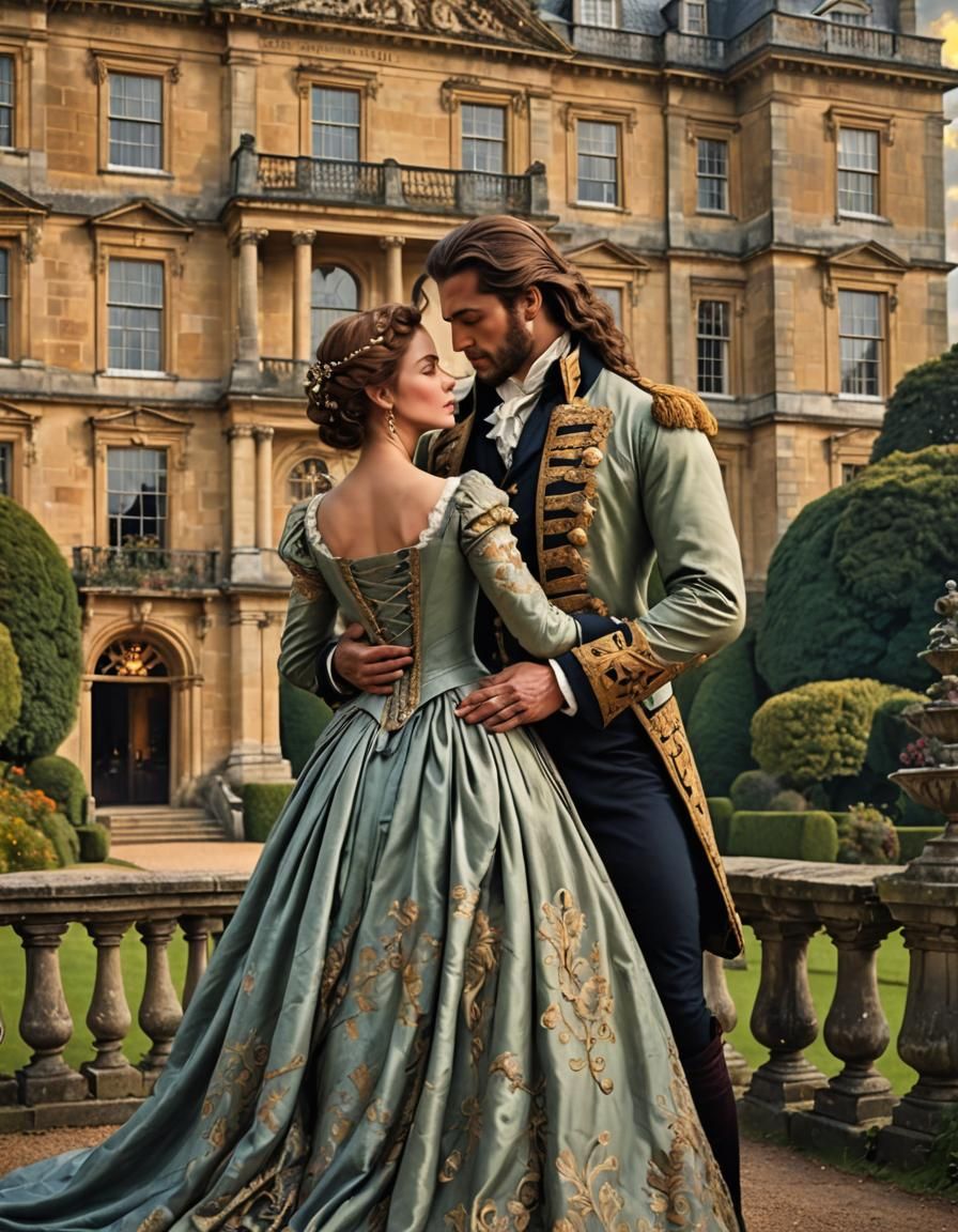 Romantic Embrace at British Estate: Historical Cover Art