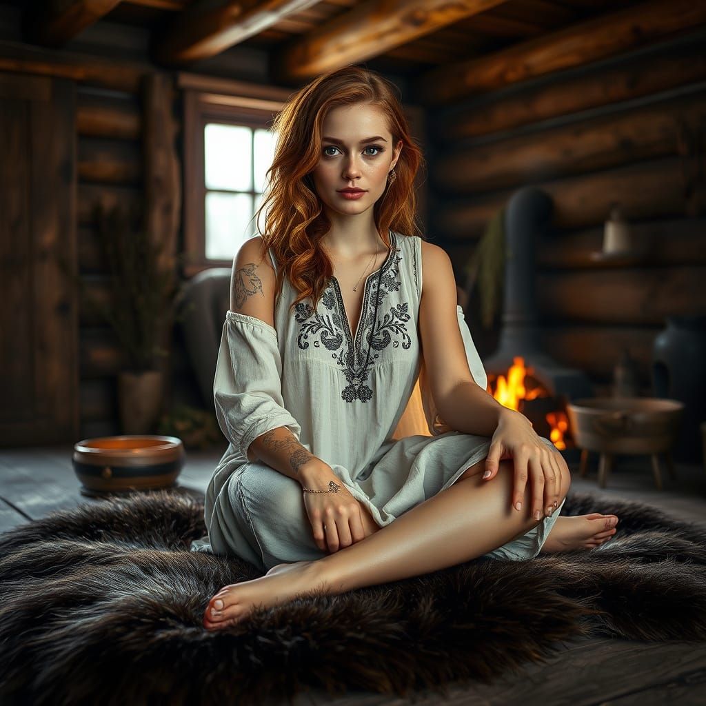 Serene Slavic Woman in Rustic Cabin: Realistic Image