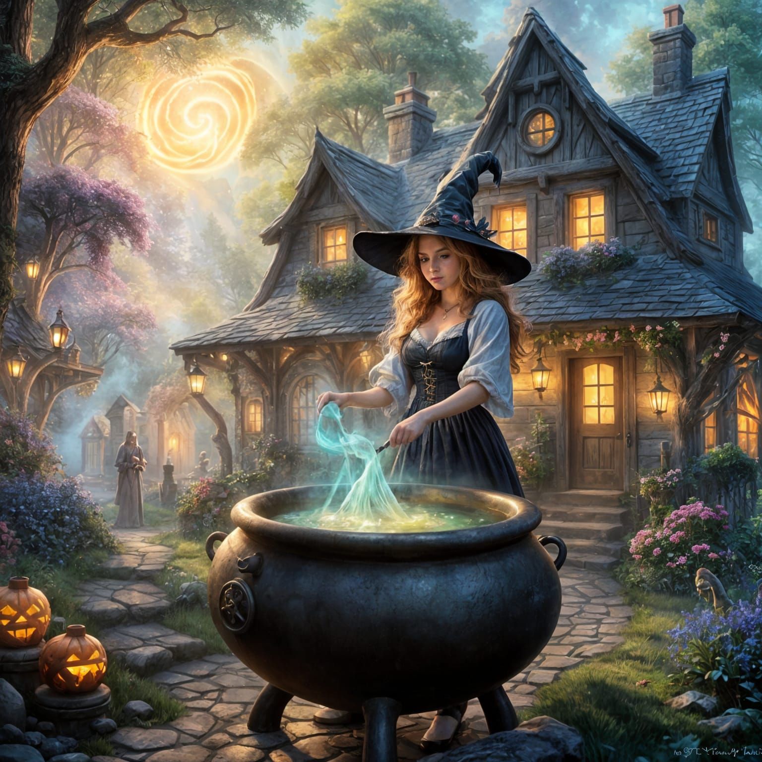Ethereal Witch Stirs Cauldron by Enchanted Cottage