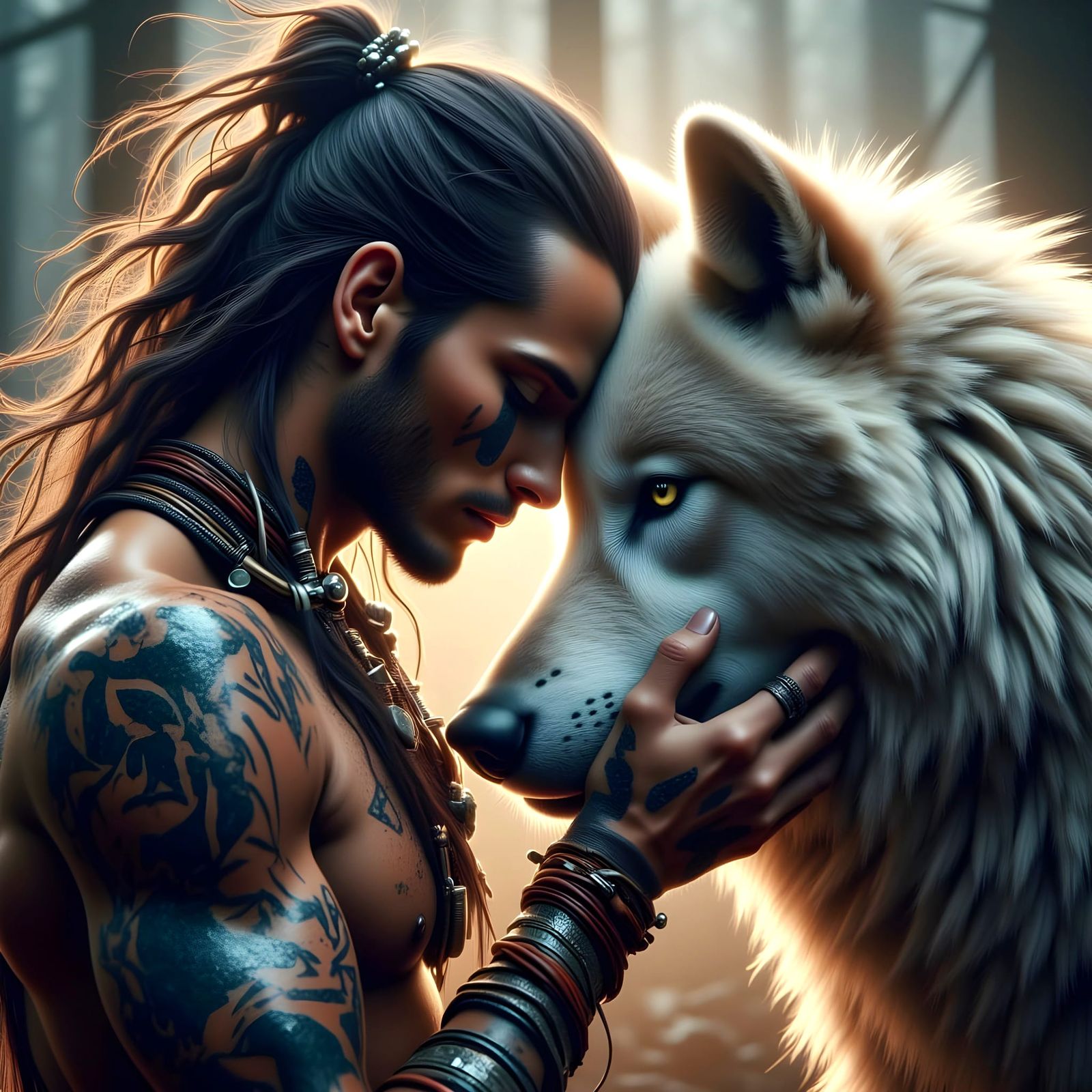 Mystical Warrior and White Wolf in Intimate Connection