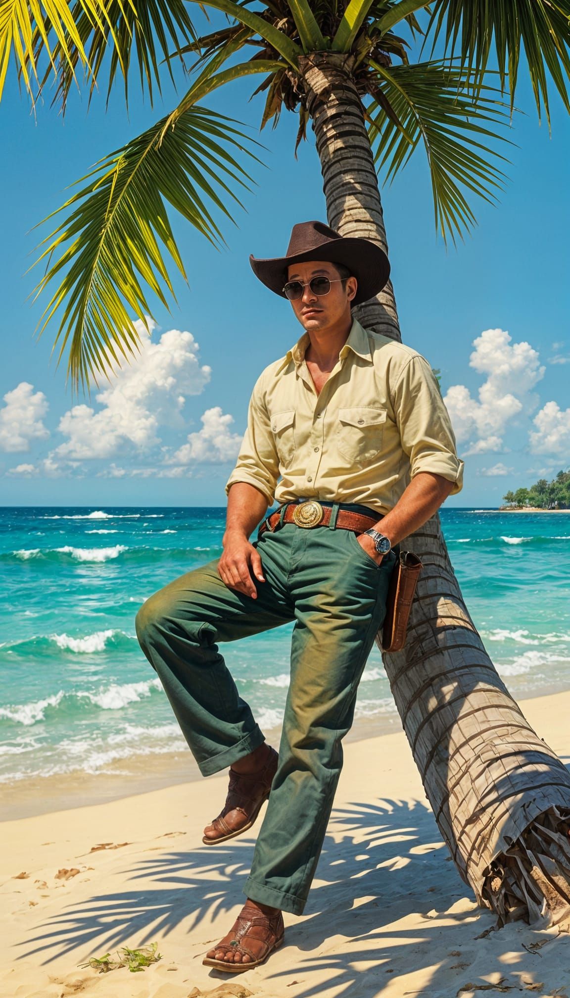 Cowboy Resting by a Tropical Beach