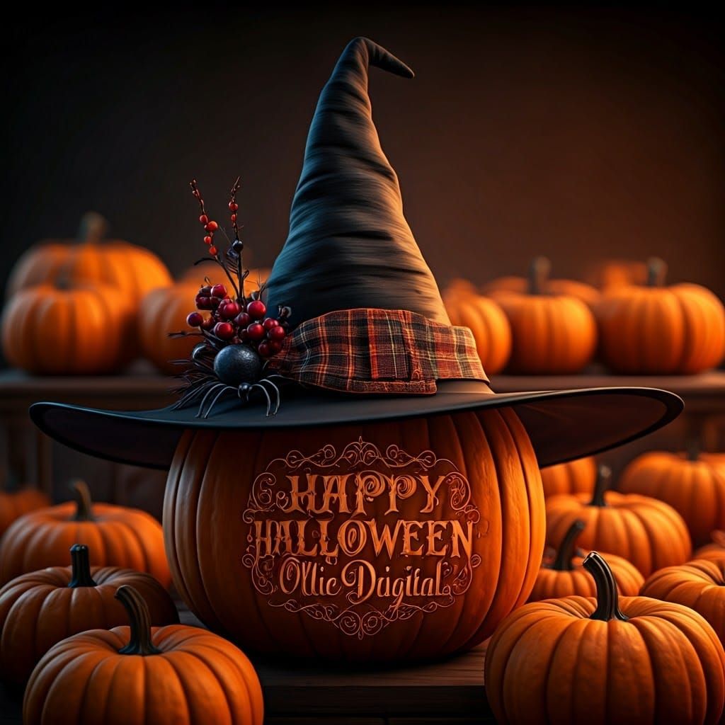 Halloween Pumpkin with Witch Hat in Hyperrealism Style