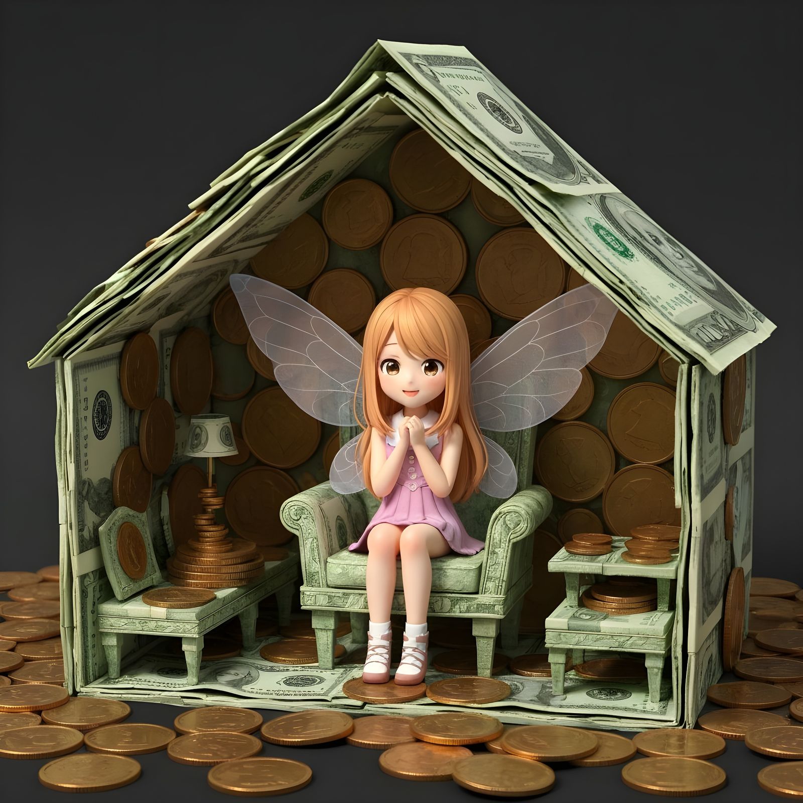 Cute Fairy in House Made of Money
