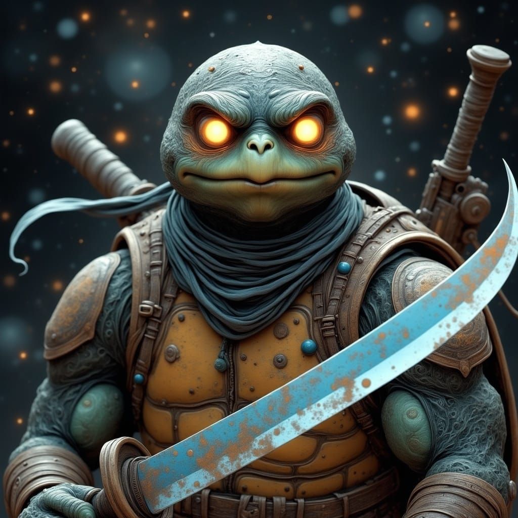 Human-Faced Turtle with Glowing Katana