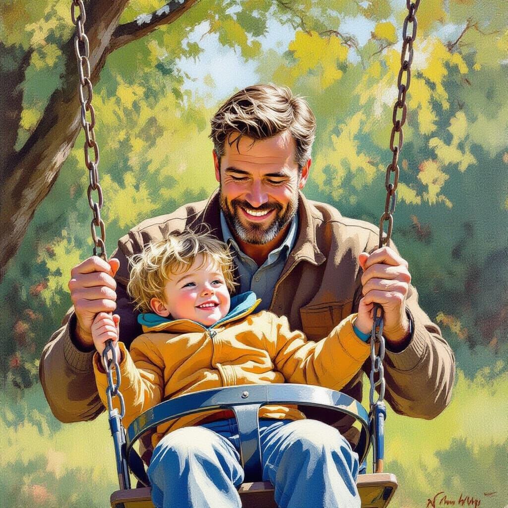 Father and Child in Lush Gouache Painting