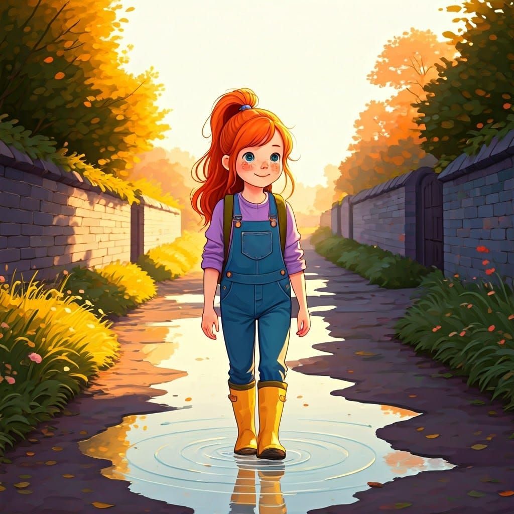 Whimsical Schoolgirl in Muddy Lane