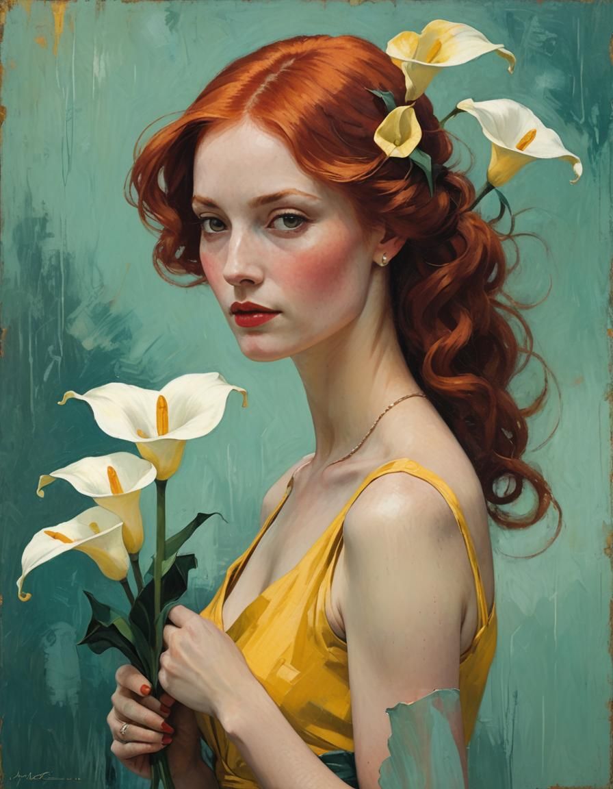 Retro Portrait of Woman with Lilies in Abstract Style