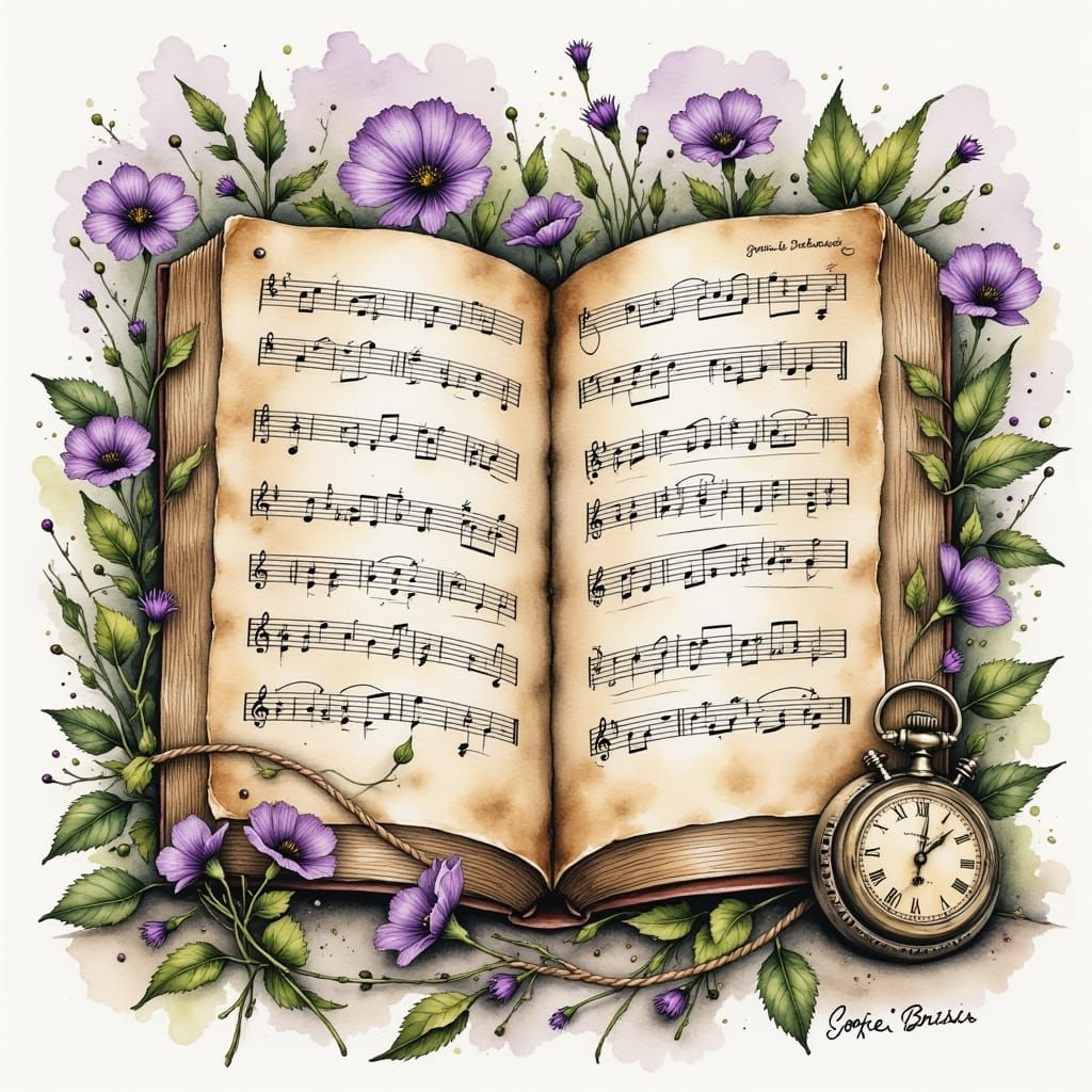 Vintage Musical Book with Flowers in Watercolor Style