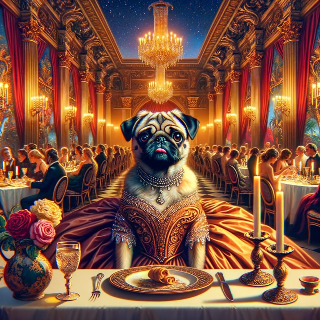 Catalina the Pug Attends a Dinner Party as Fantasy Art