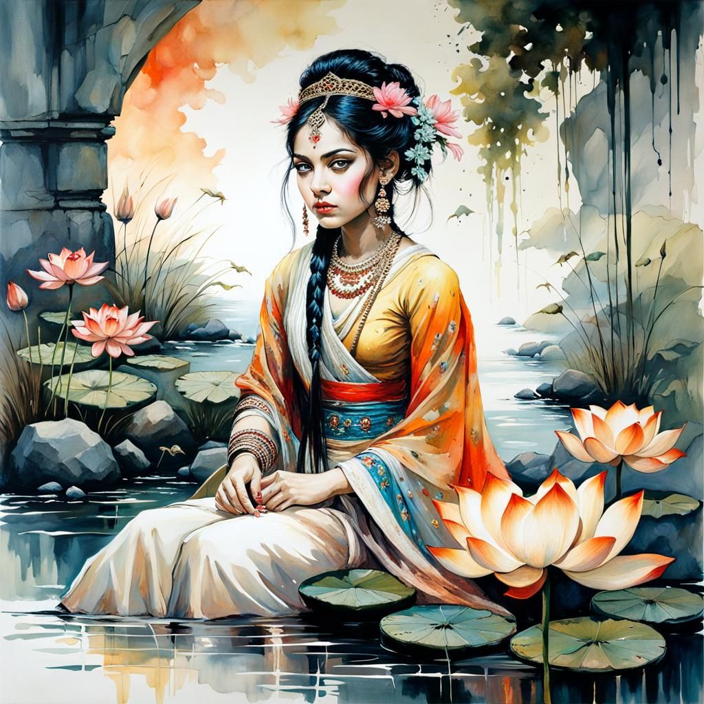 Indian Goddess in Vibrant Lotus Pond Scene