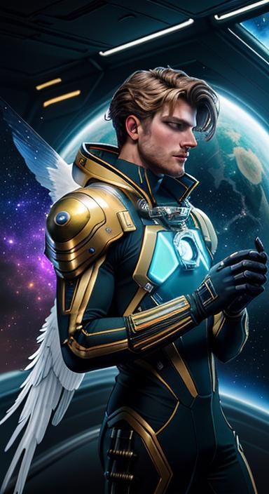 Man Repairs Spaceship in Space as Oil Painting