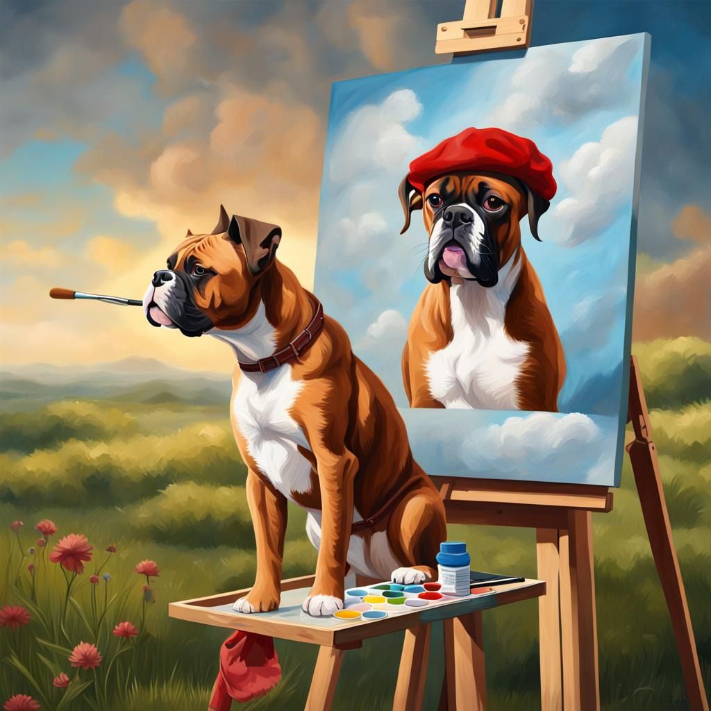 Boxer Dog Painting a Cat Portrait