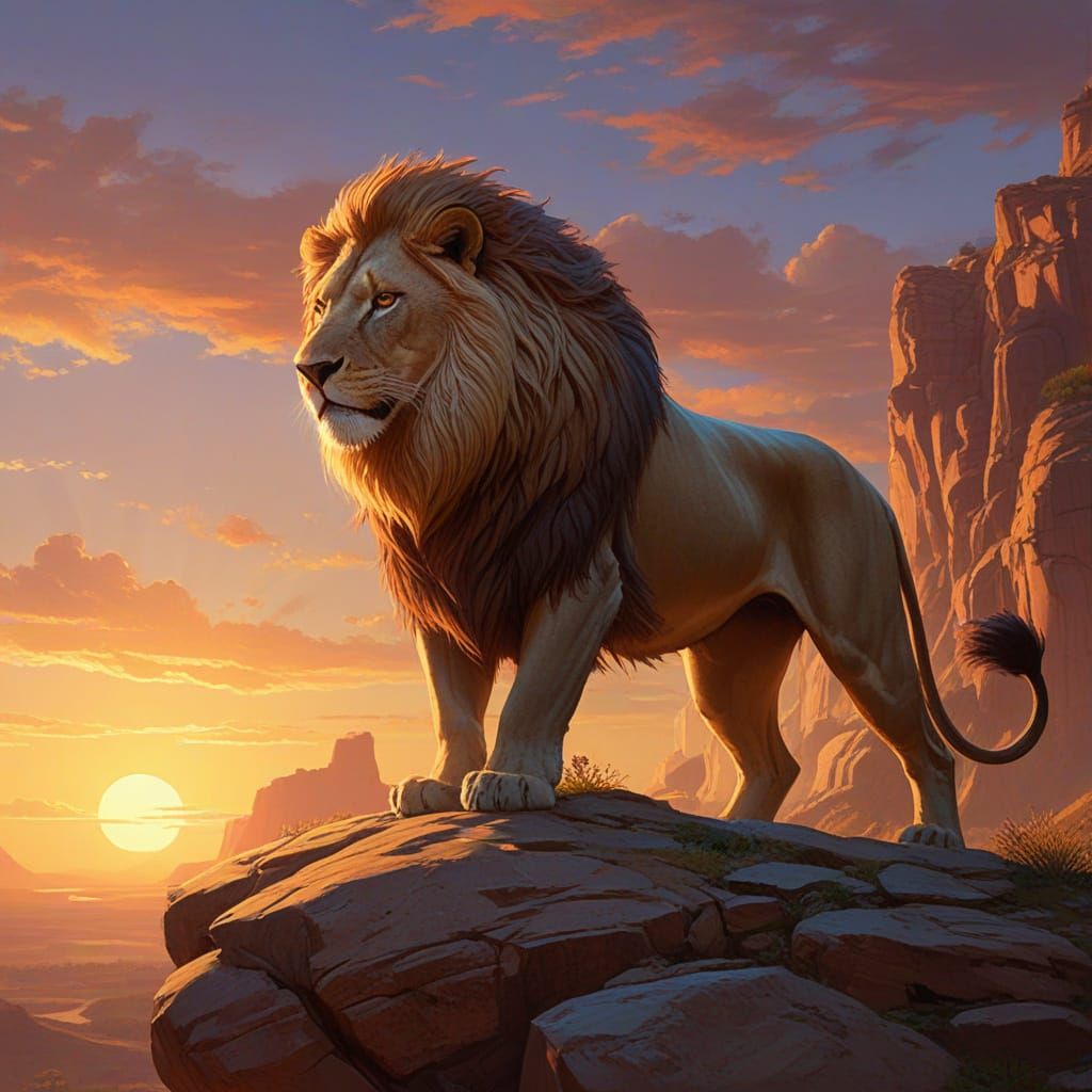 Fiery Lion Sunset: Hyperrealistic Splash Art