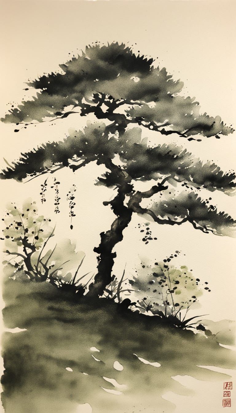 Ink Painting of a Tree in Sumi-e Style