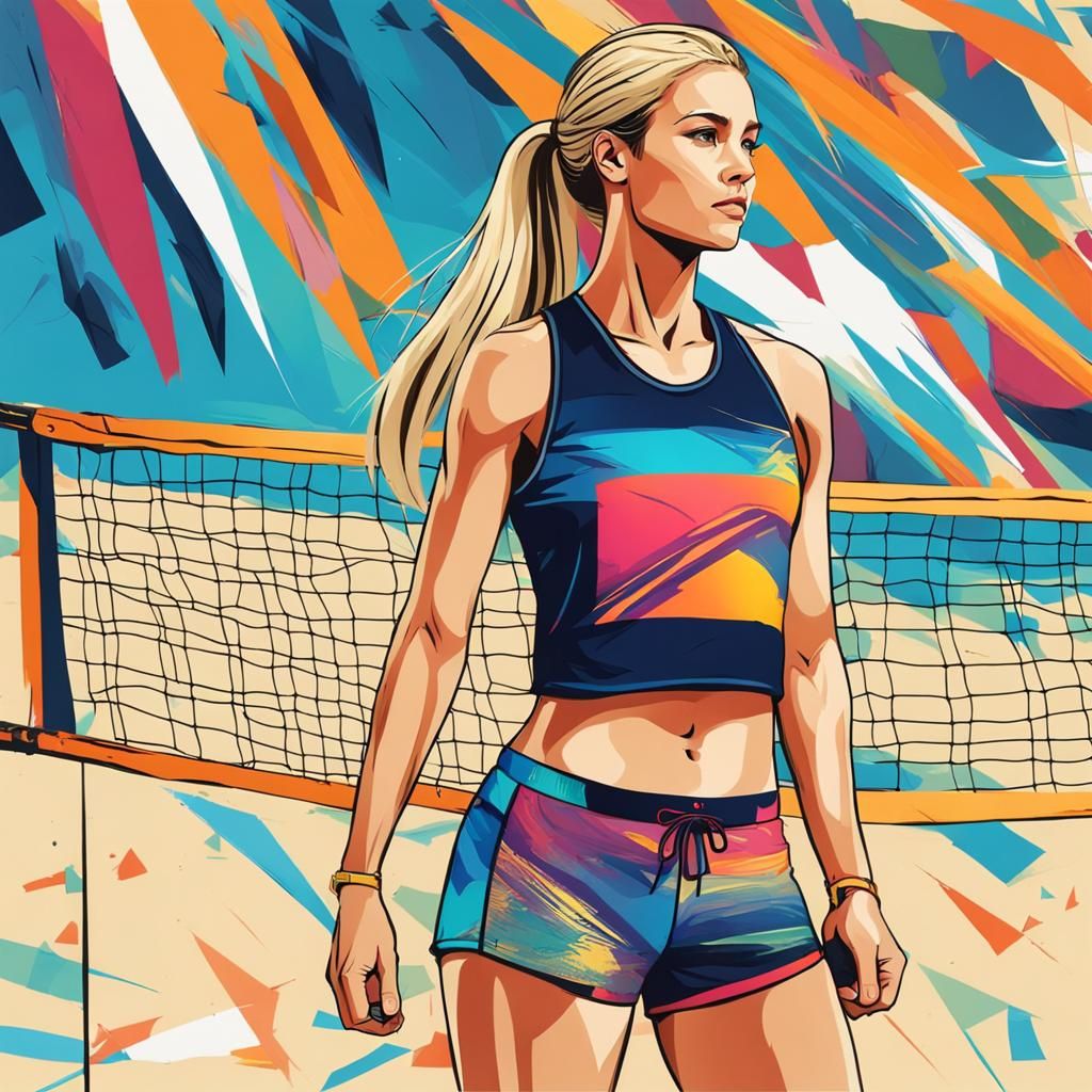 Blonde Woman Playing Beach Volleyball in Abstract Style