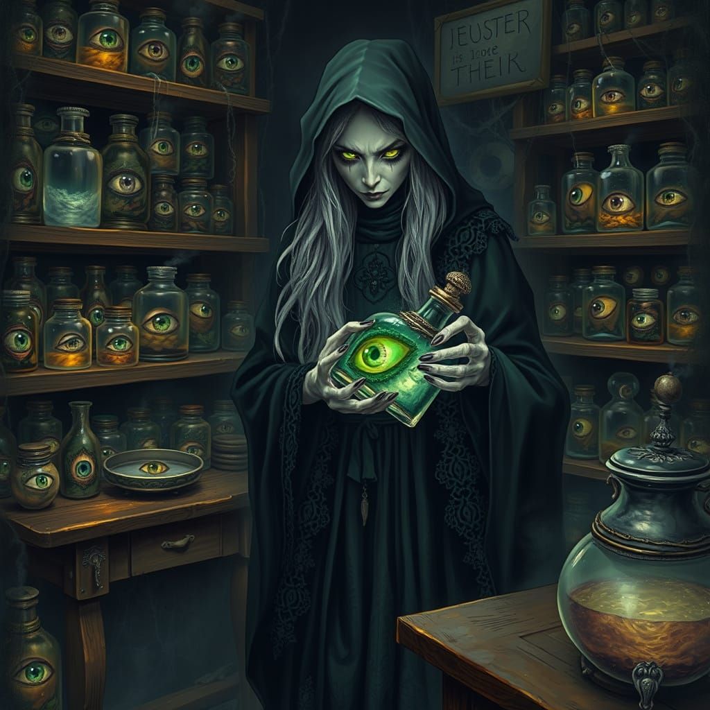 Mysterious Witch Concocts Potent Elixir in Haunting, Surreal...