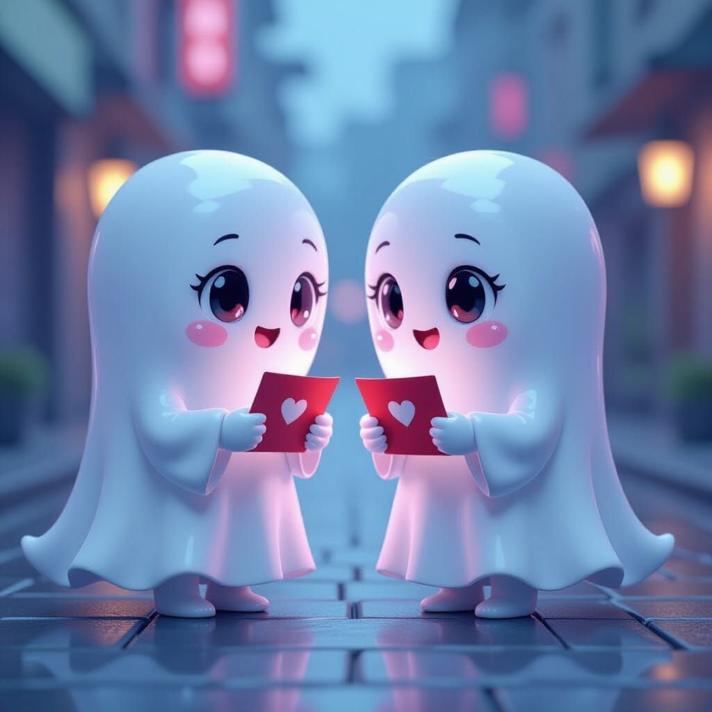 Chibi Ghosts Exchanging Valentines Cards