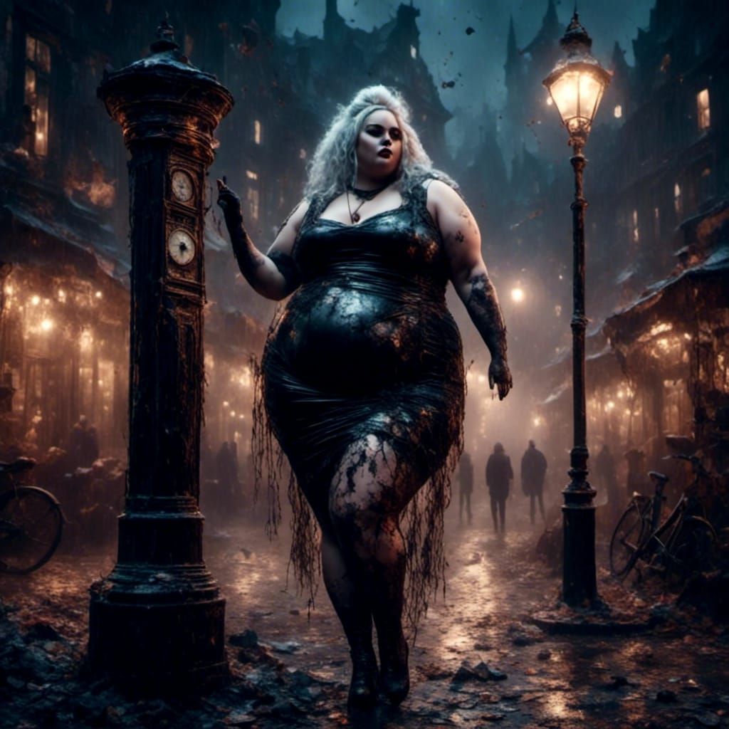 Curvy Woman in Latex Dress at Night