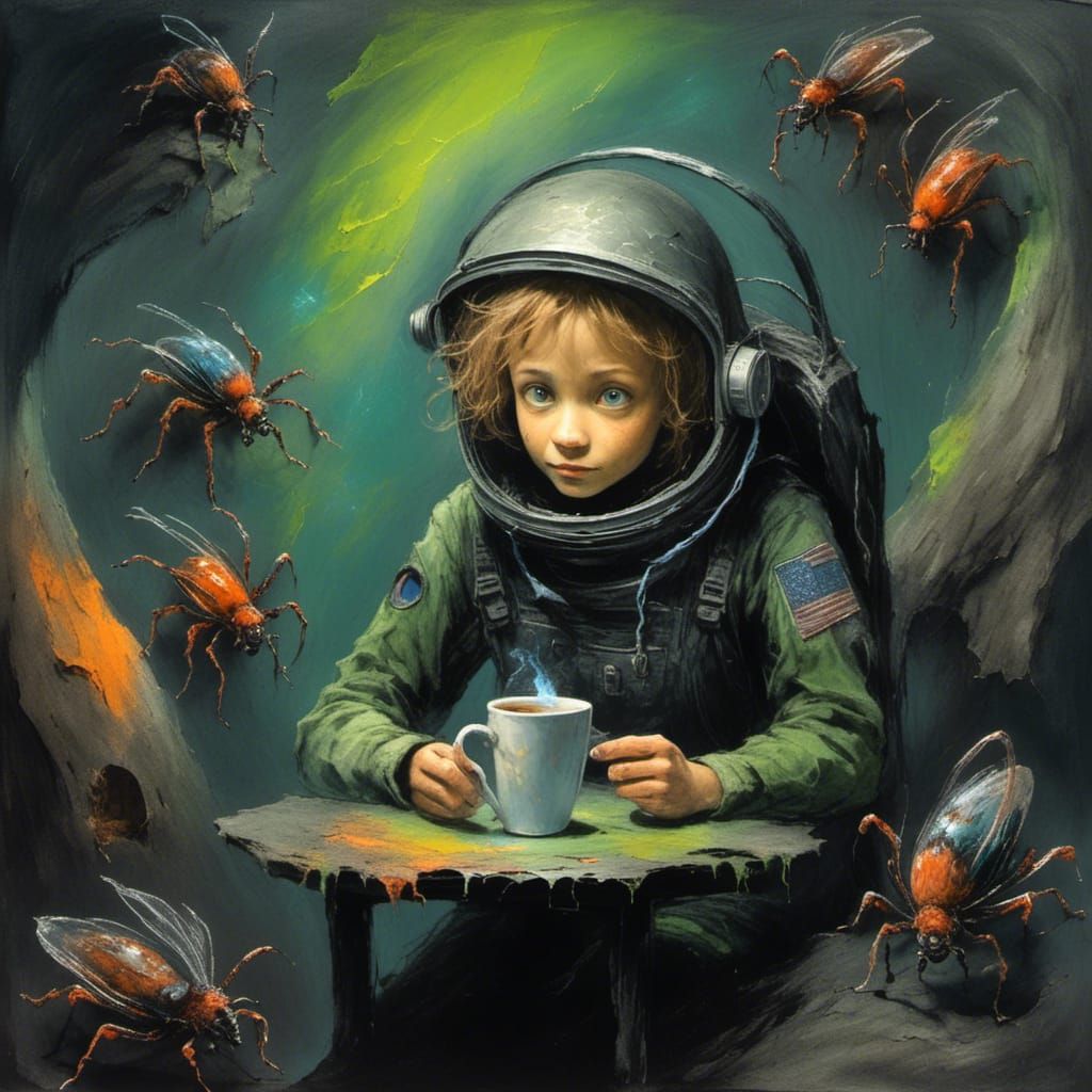 Astronaut Tea Party with Bug Aliens on Blackboard
