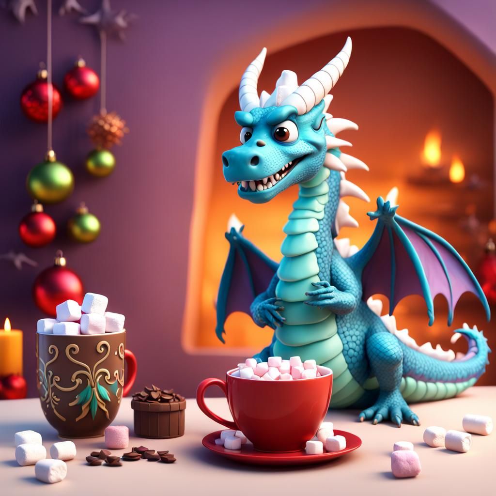 Festive Dragon with Hot Chocolate: 3D Digital Art