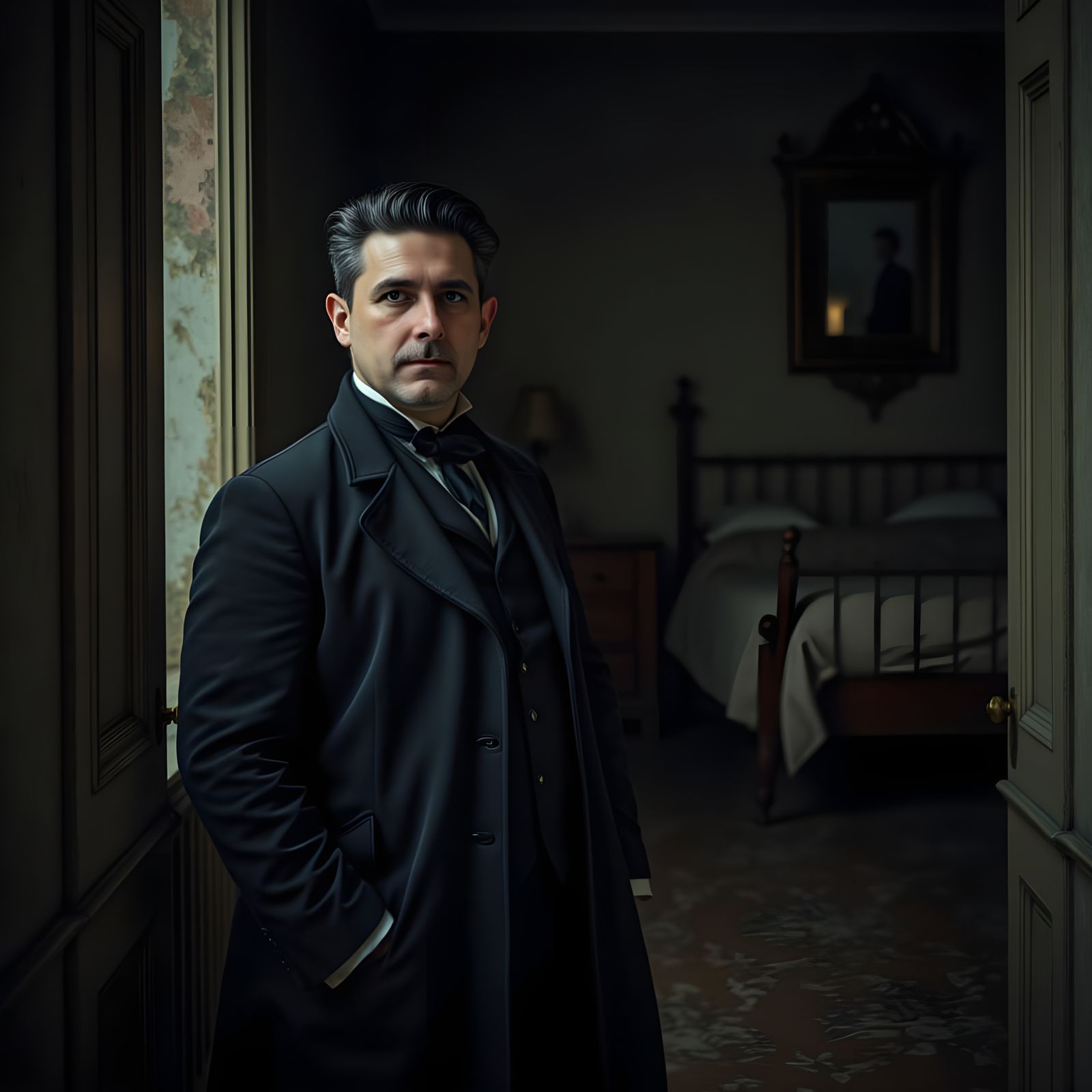 Victorian Gentleman in Dark Hallway